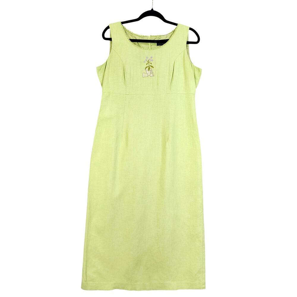 Sag Harbor Womens Vintage Y2K Embroidered Linen Blend Dress Size 10P Lime Green